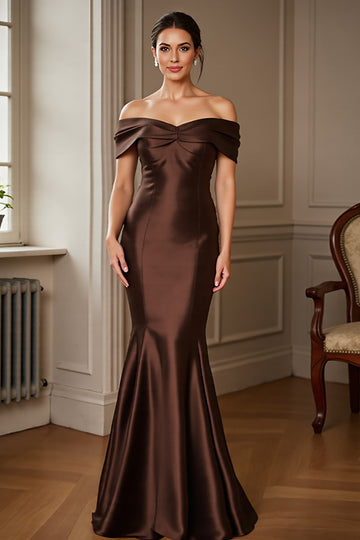 Off the Shoulder Mermaid Satin Brown Mother of the Bride Dress